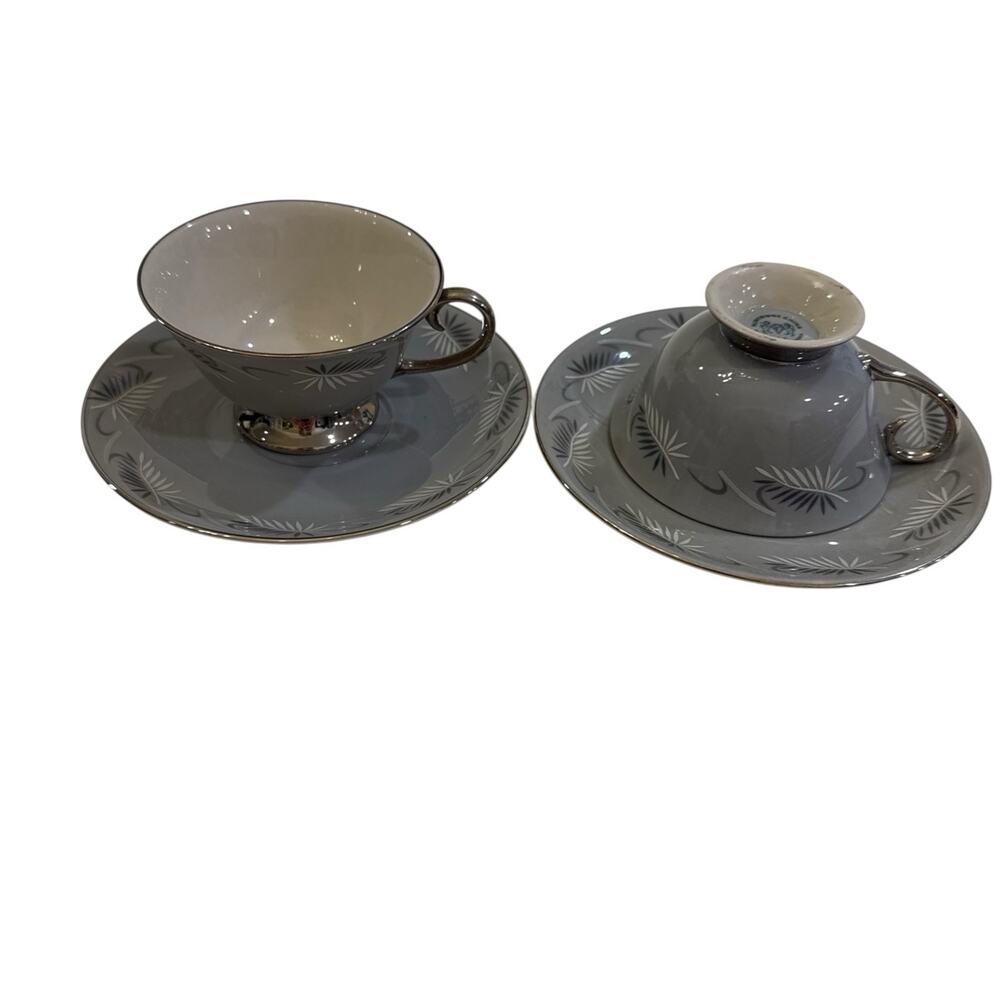Flintridge China California Continental Gray W/Feathers 2 Teacup & Saucer Sets